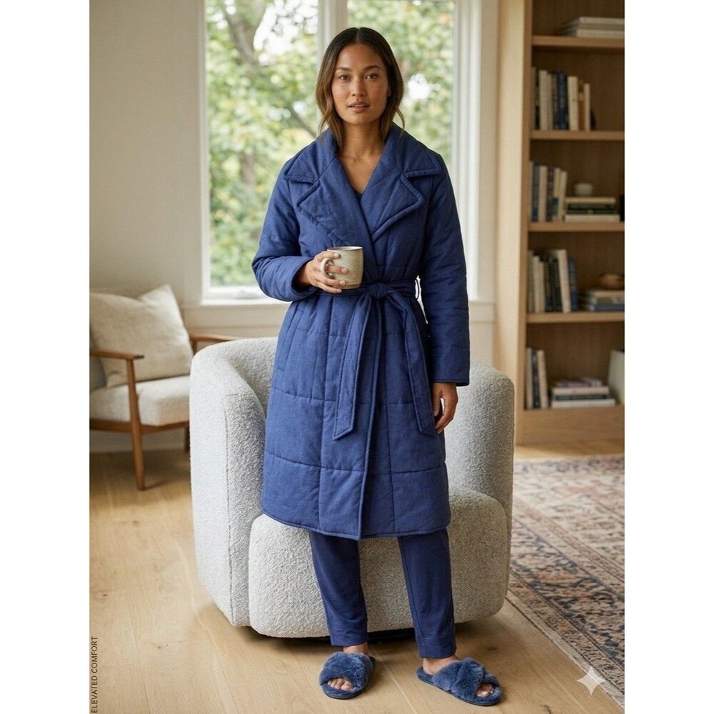 Auden Quilted Robe Navy Blue M/L Long Sleeve Wrap Belted Pockets Cozy Luxe New